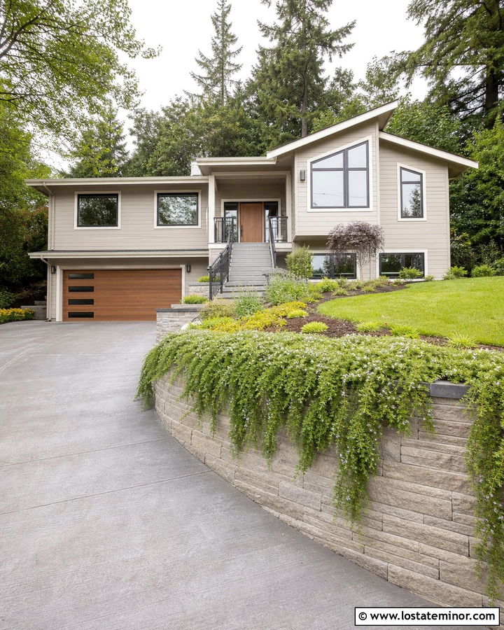 Beige House With Driveway Retaining Wall - 30 Beige House Design With Driveway Ideas