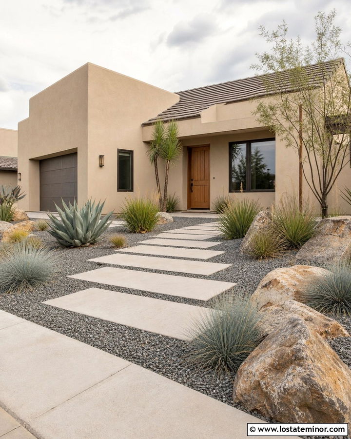 Beige House With Drought Tolerant Walkway - 30 Beige House Design With Walkway Ideas