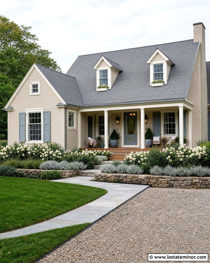 Beige House With Dusty Blue Front Door - 30 Beige House Design With Front Door Ideas