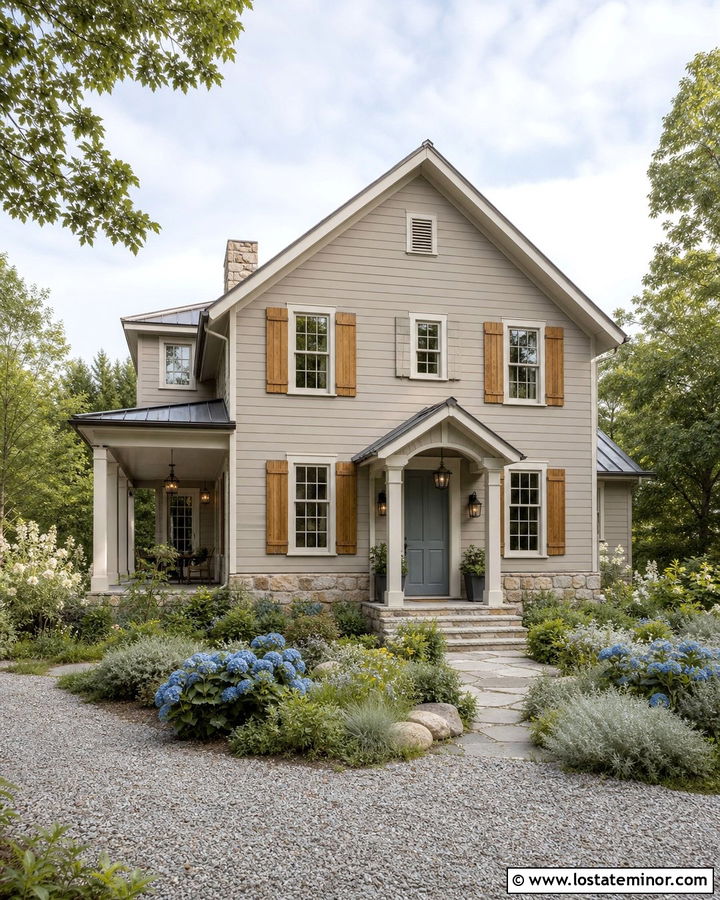 Beige House With Dusty Blue Front Door - 30 Beige House Design With Entry Door Ideas