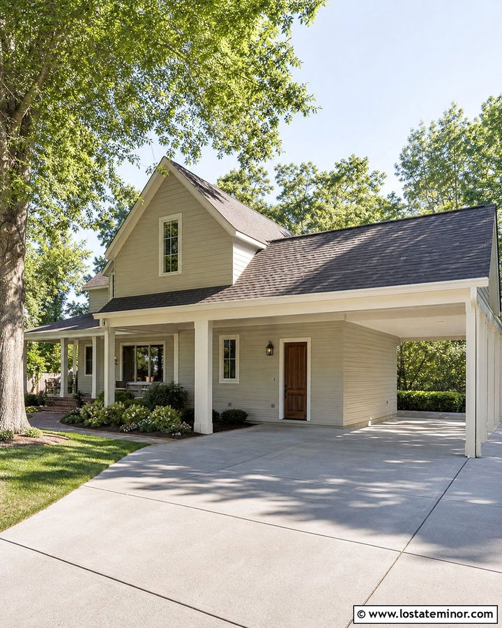 Beige House With Enclosed Carport Entry - 30 Beige House Design With Carport Ideas