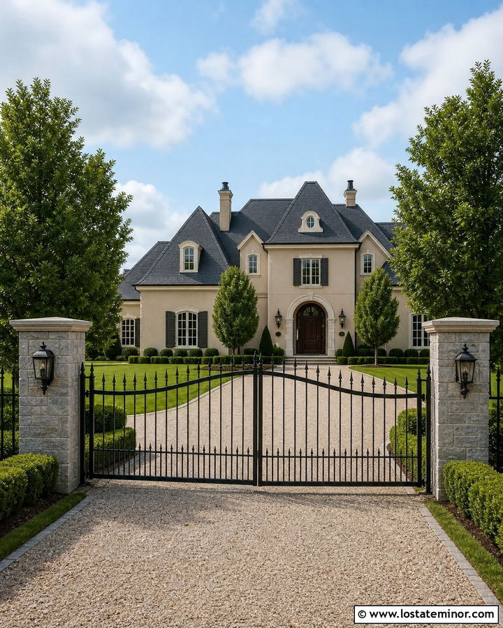 Beige House With Fence And Driveway Gate - 30 Beige House Design With Fence Ideas