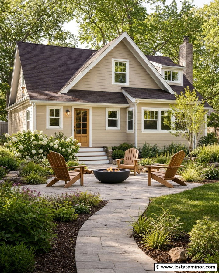 Beige House With Fire Pit Patio - 30 Beige House Design With Backyard Ideas