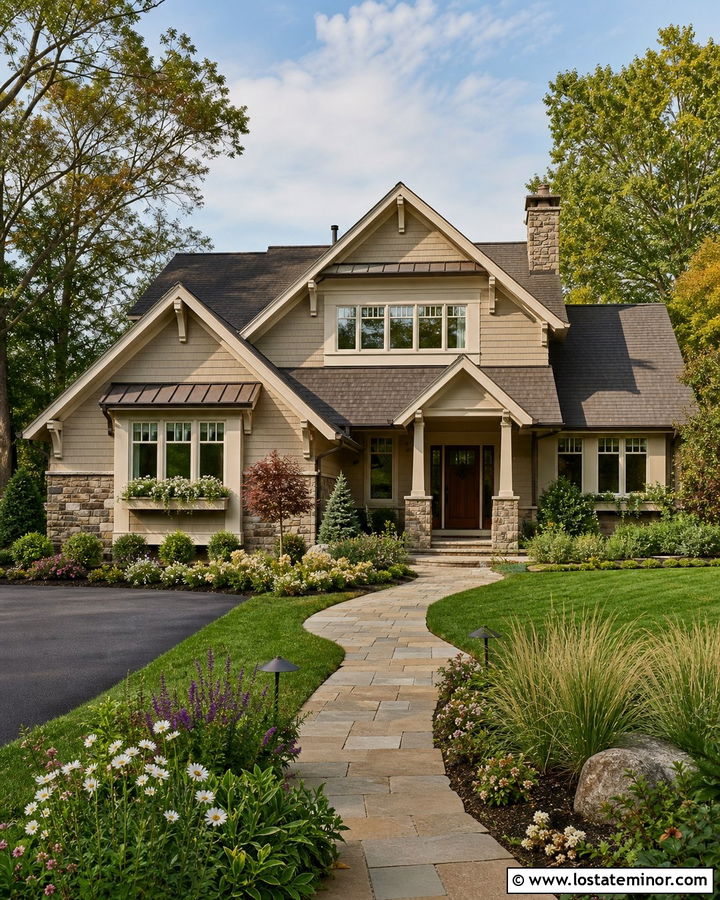 Beige House With Four Season Landscaping - 30 Beige House Design With Landscaping Ideas