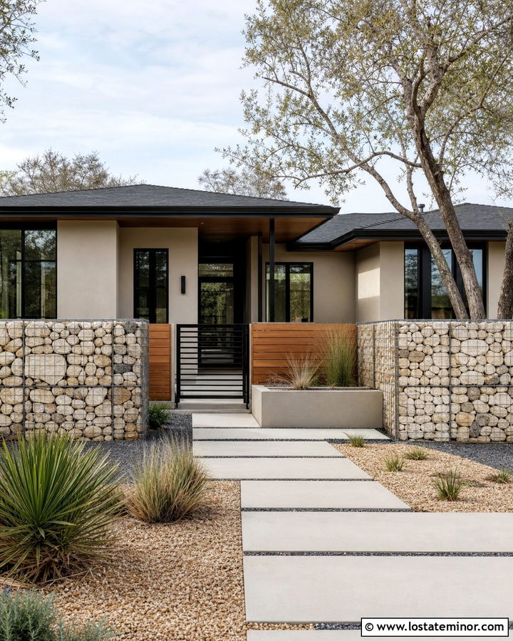 Beige House With Gabion Fence - 30 Beige House Design With Fence Ideas