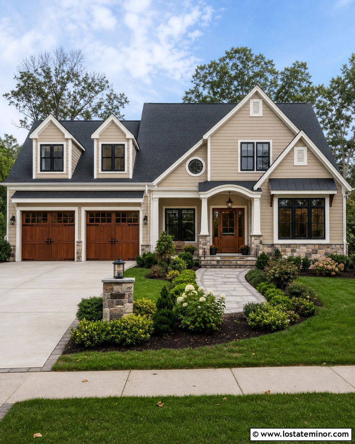 Beige House With Garage Dormers - 30 Beige House Design With Dormers Ideas