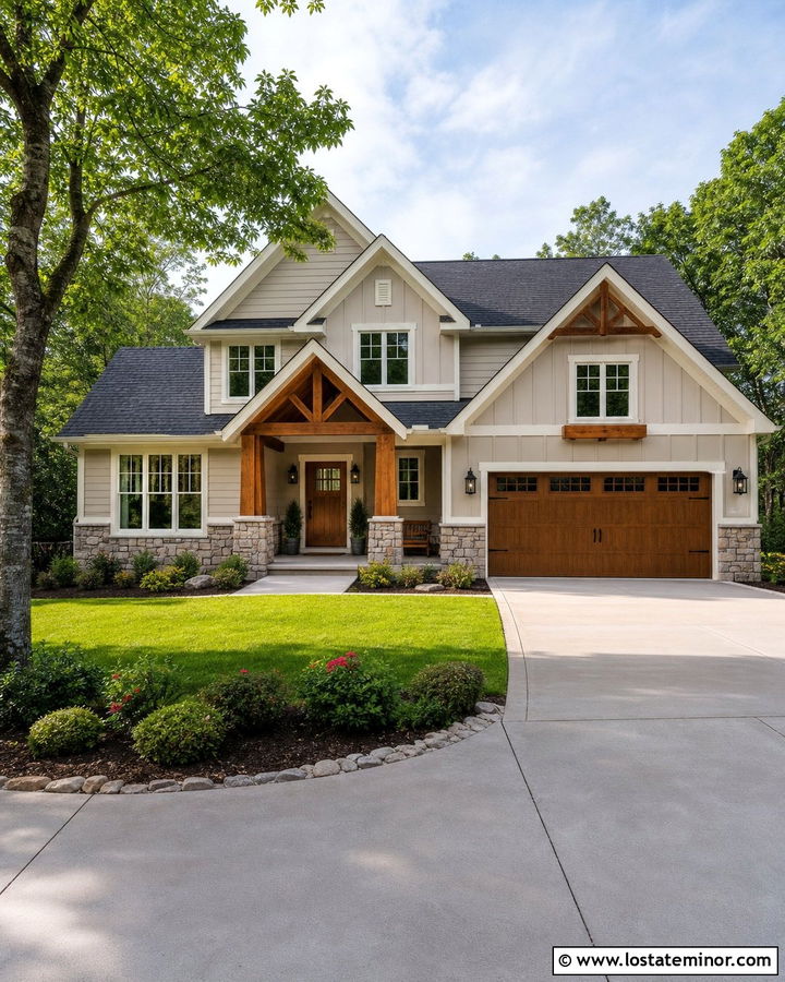 Beige House With Garage Matching Portico - 30 Beige House Design With Portico Ideas