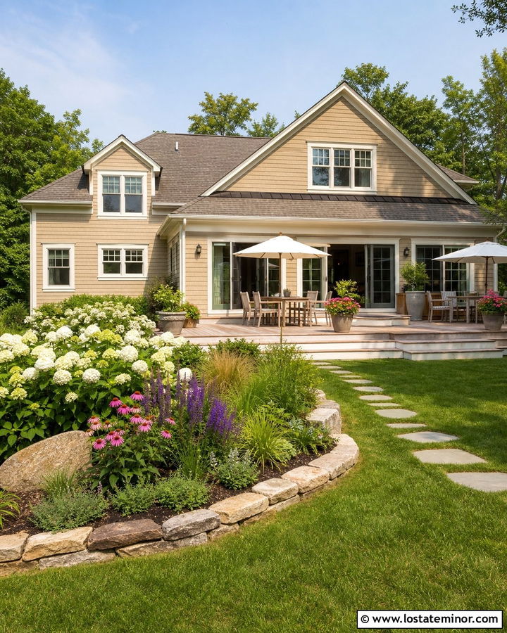 Beige House With Garden Beds - 30 Beige House Design With Backyard Ideas
