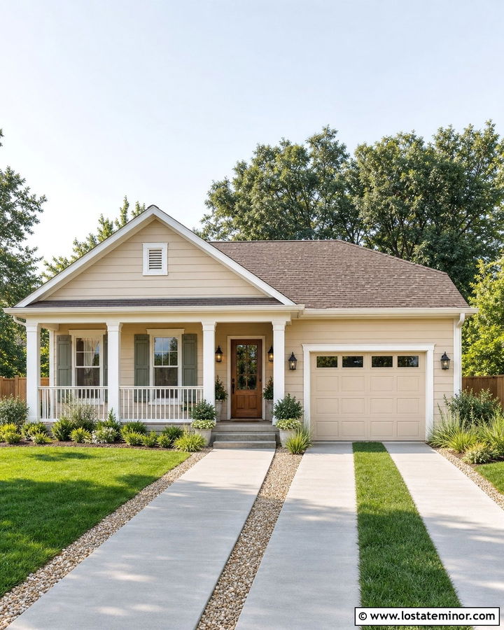 Beige House With Grass Strip Driveway - 30 Beige House Design With Driveway Ideas