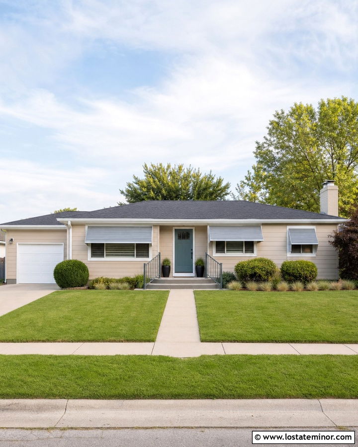 Beige House With Gray Aluminum Awnings - 30 Beige House Design With Awning Ideas