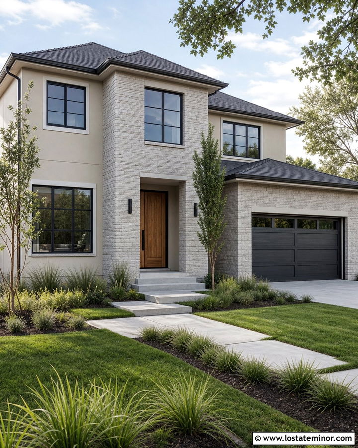 Beige House With Gray Brick Accents - 30 Beige House Design With Brick Accents Ideas