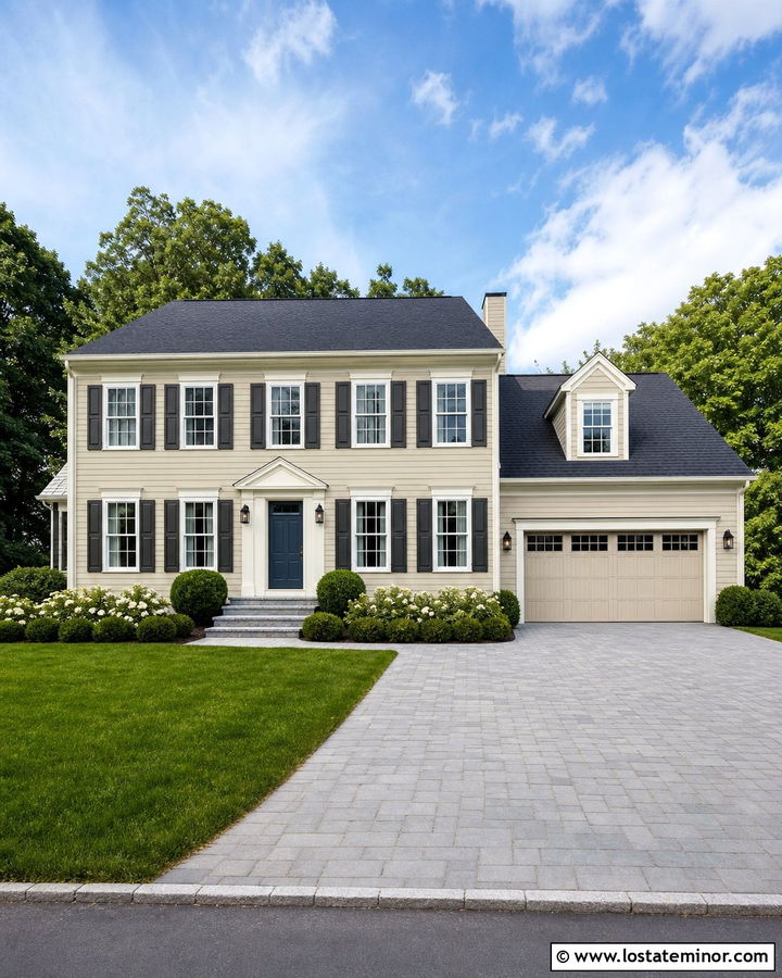 Beige House With Gray Driveway Pavers - 30 Beige House Design With Driveway Ideas