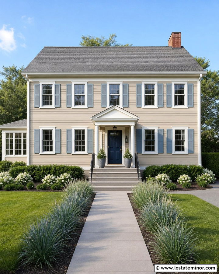 Beige House With Gray Steps And Blue Shutters - 30 Beige House Design With Steps Ideas