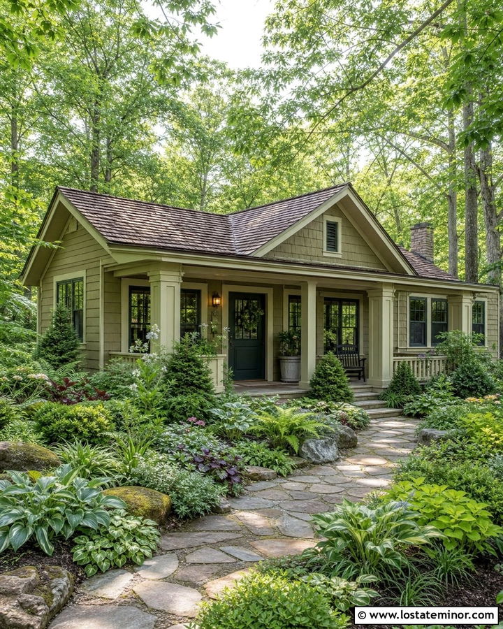 Beige House With Green Door And Ferns - 30 Beige House Design With Landscaping Ideas