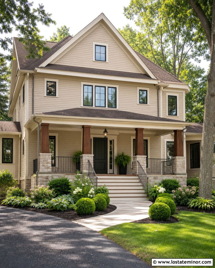 Beige House With Green Door Front Porch - 30 Beige House Design With Front Porch Ideas