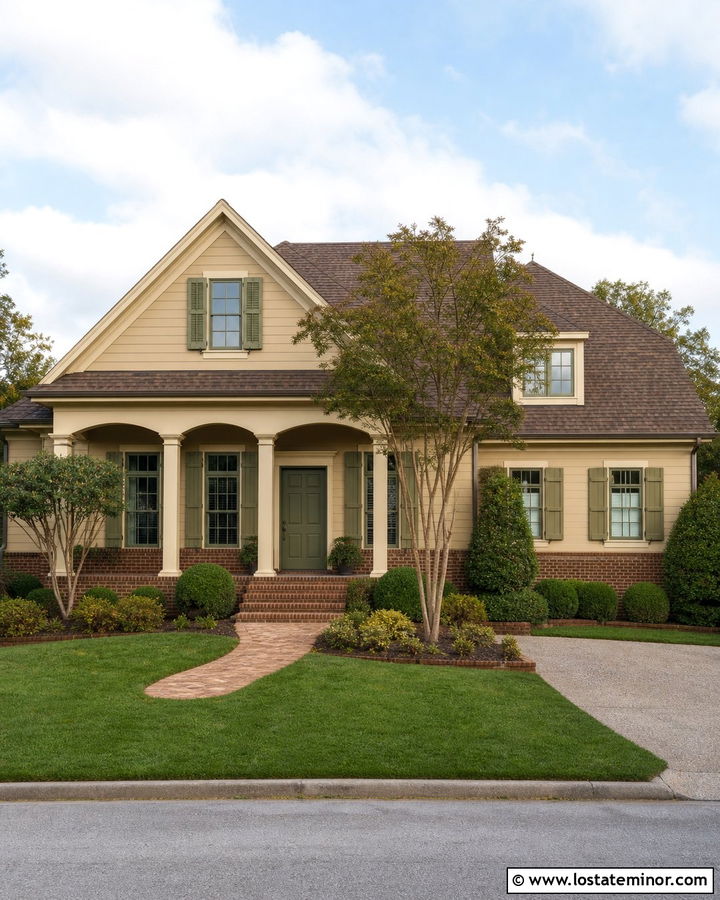 Beige House With Green Frames And Brick - 30 Beige House Design With Window Frames Ideas