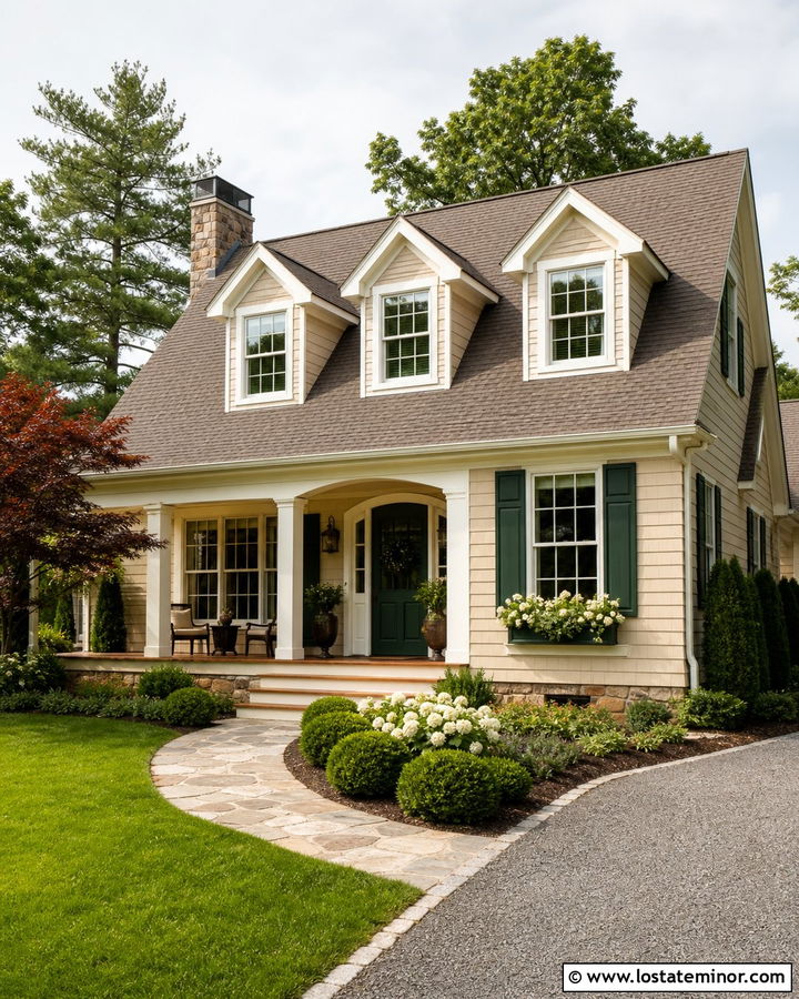 Beige House With Green Front Door And Dormers - 30 Beige House Design With Dormers Ideas