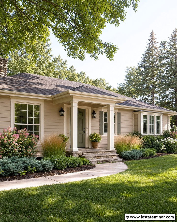 Beige House With Green Front Door Portico - 30 Beige House Design With Portico Ideas