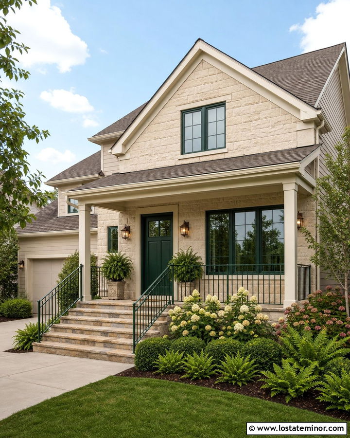 Beige House With Green Metal Railings - 30 Beige House Design With Railings Ideas