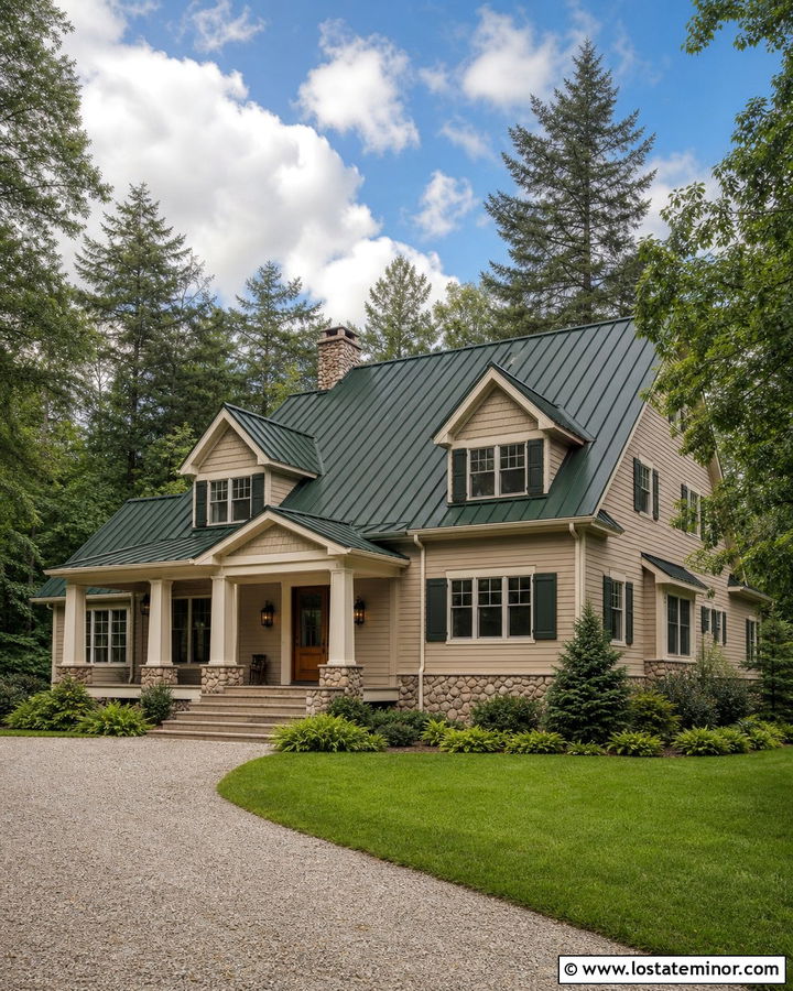 Beige House With Green Metal Roof - 30 Beige House Design With Roof Ideas