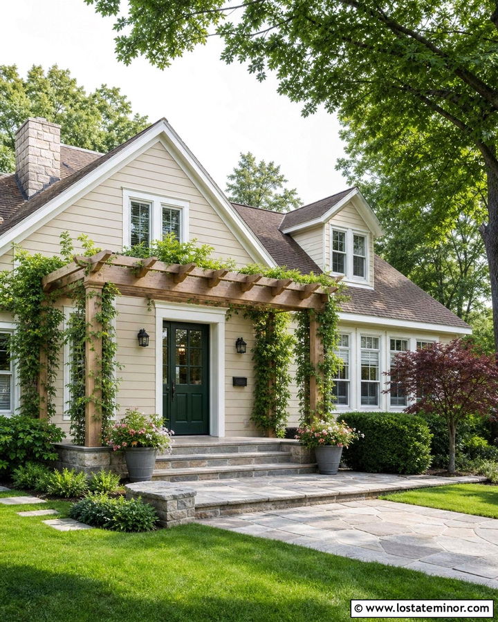 Beige House With Green Pergola Vines - 30 Beige House Design With Pergola Ideas