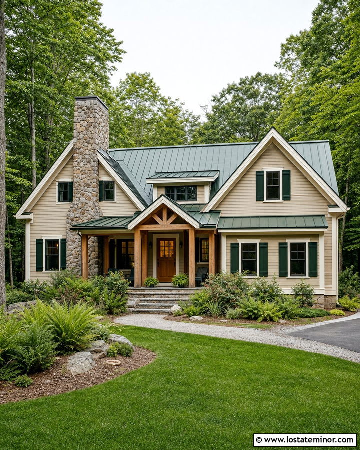Beige House With Green Roof And Stone Chimney - 30 Beige House Design With Chimney Ideas
