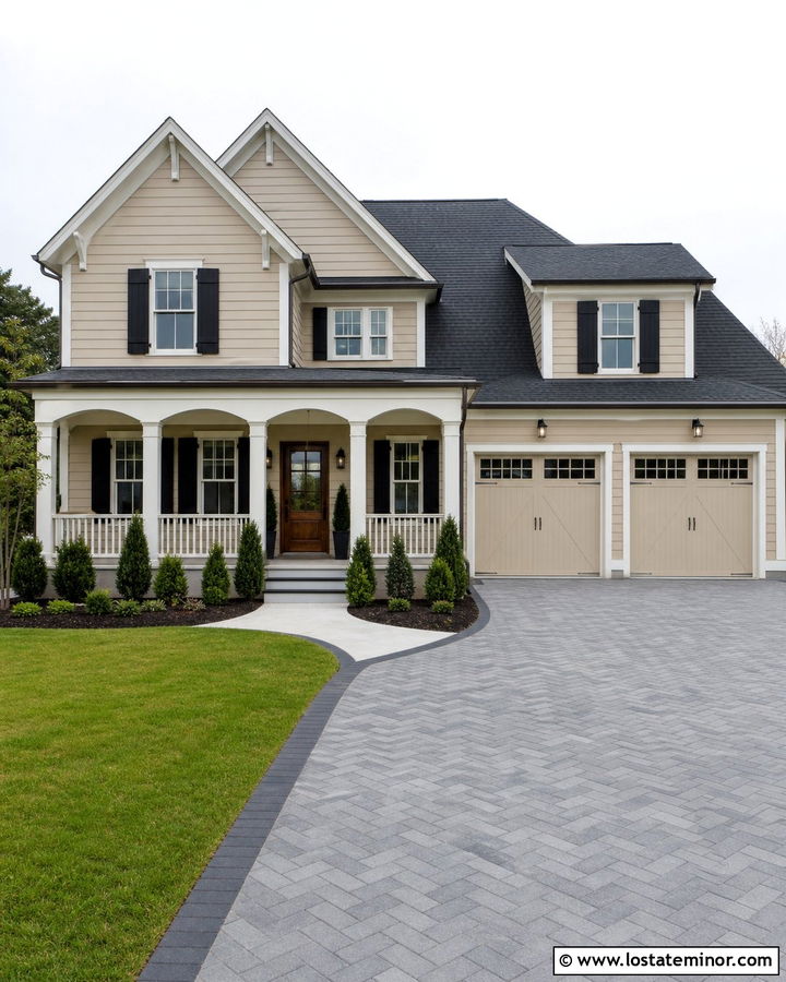 Beige House With Herringbone Paver Driveway - 30 Beige House Design With Driveway Ideas