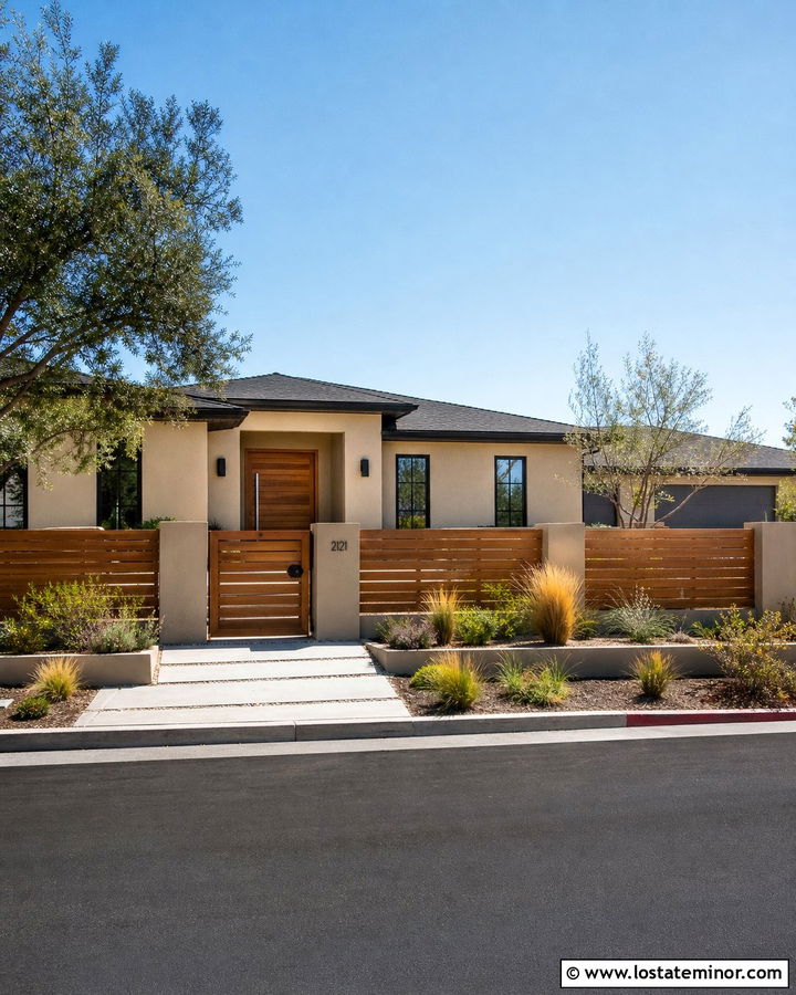 Beige House With Horizontal Wood Fence - 30 Beige House Design With Fence Ideas