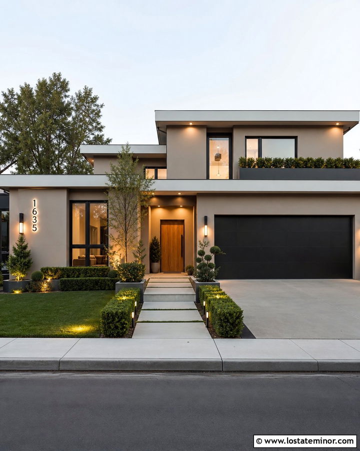 Beige House With Illuminated House Numbers - 30 Beige House Design With Lighting Ideas