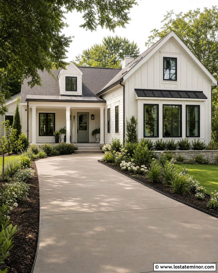 Beige House With Landscaped Driveway Border - 30 Beige House Design With Driveway Ideas