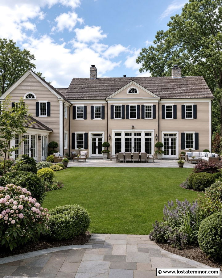 Beige House With Large Lawn - 30 Beige House Design With Backyard Ideas