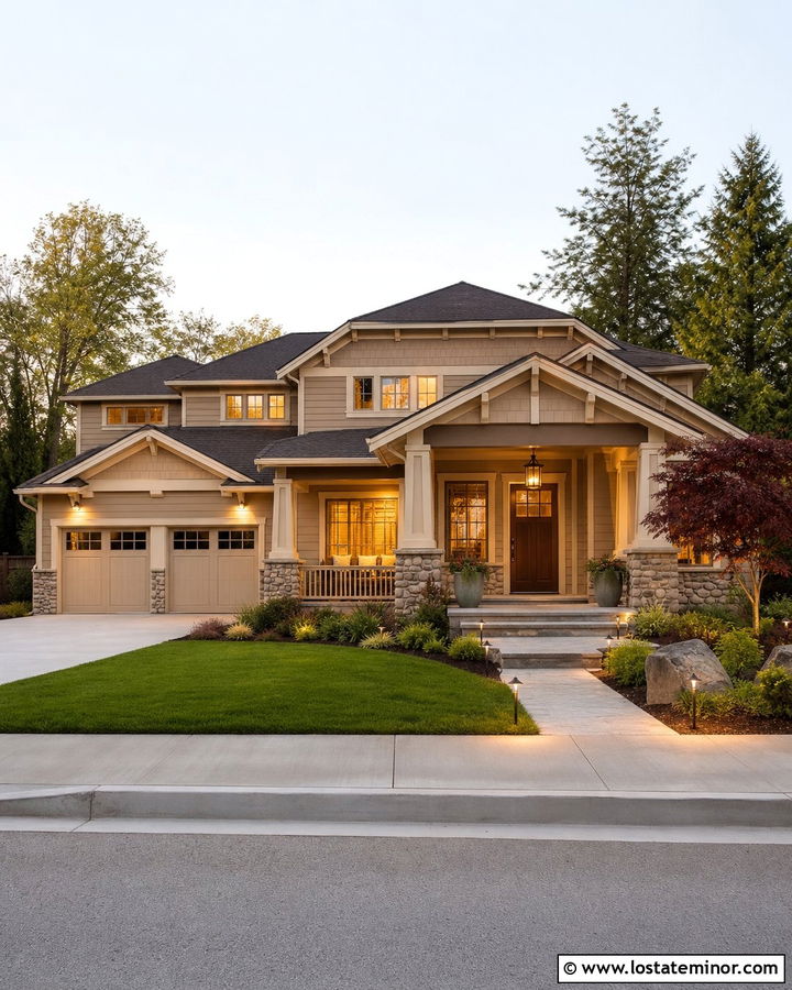 Beige House With Layered Exterior Lighting - 30 Beige House Design With Light Fixtures Ideas