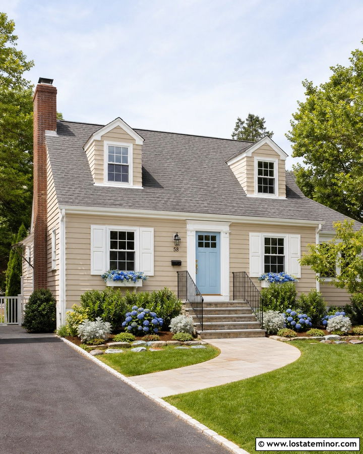 Beige House With Light Blue Front Door - 30 Beige House Design With Front Door Ideas