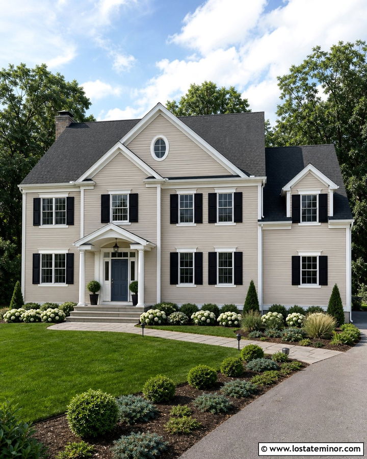 Beige House With Low Foundation Planting - 30 Beige House Design With Landscaping Ideas
