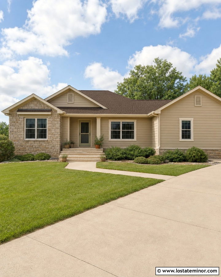 Beige House With Matching Sandstone Storm Door - 30 Beige House Design With Storm Door Ideas