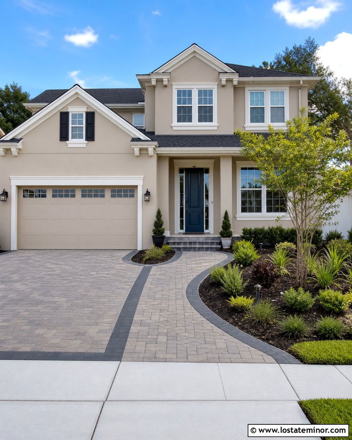 Beige House With Matching Walkway And Driveway - 30 Beige House Design With Walkway Ideas