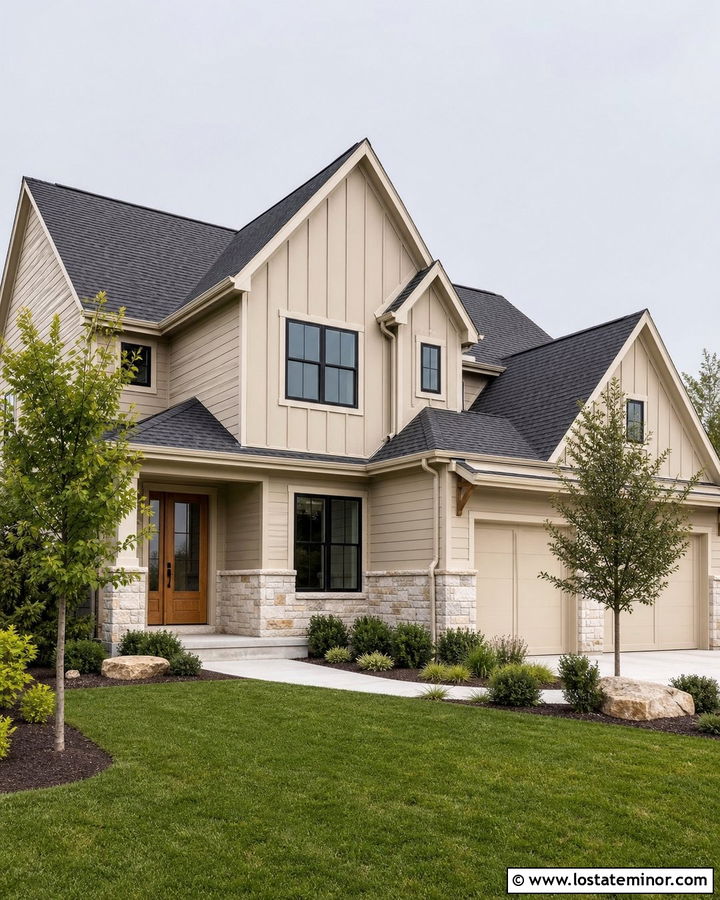 Beige House With Mixed Black And Gray Roof - 30 Beige House Design With Roof Ideas
