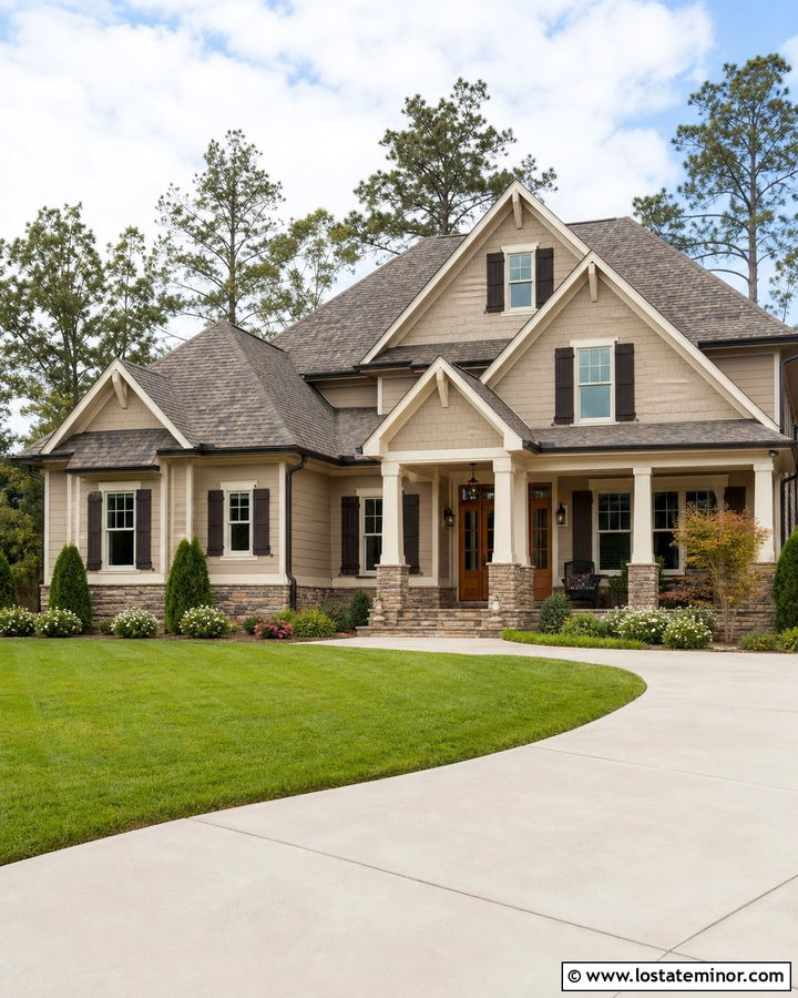 Beige House With Mixed Color Shingles - 30 Beige House Design With Shingles Ideas