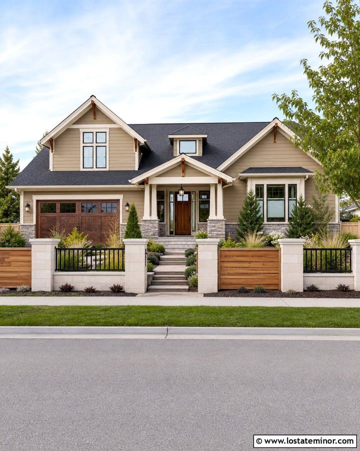 Beige House With Mixed Material Fence - 30 Beige House Design With Fence Ideas
