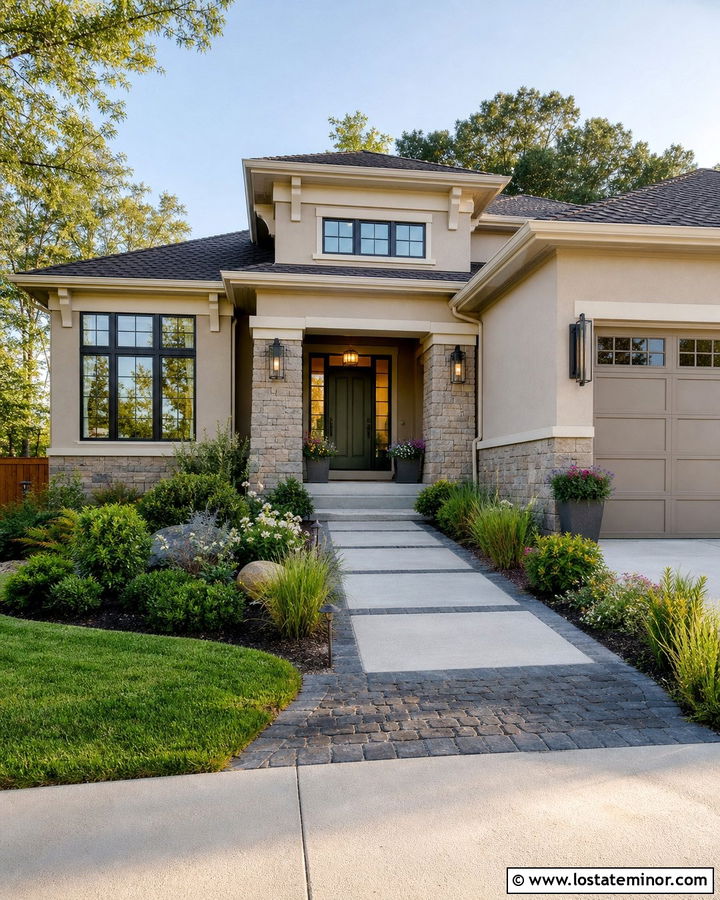 Beige House With Mixed Material Walkway - 30 Beige House Design With Walkway Ideas