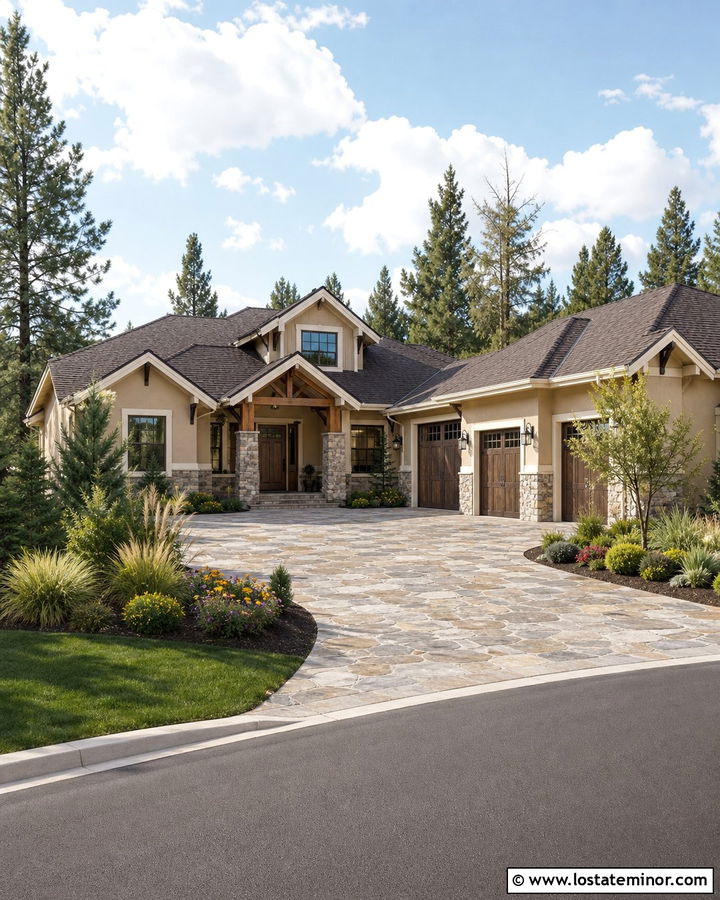 Beige House With Mixed Stone Driveway - 30 Beige House Design With Driveway Ideas