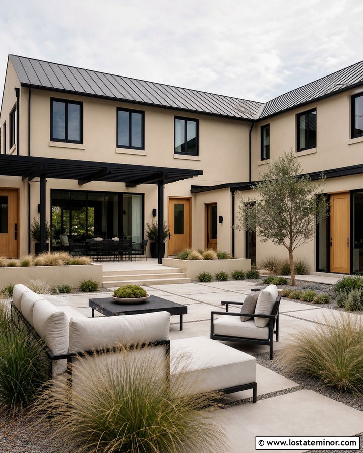 Beige House With Modern Courtyard - 30 Beige House Design With Backyard Ideas