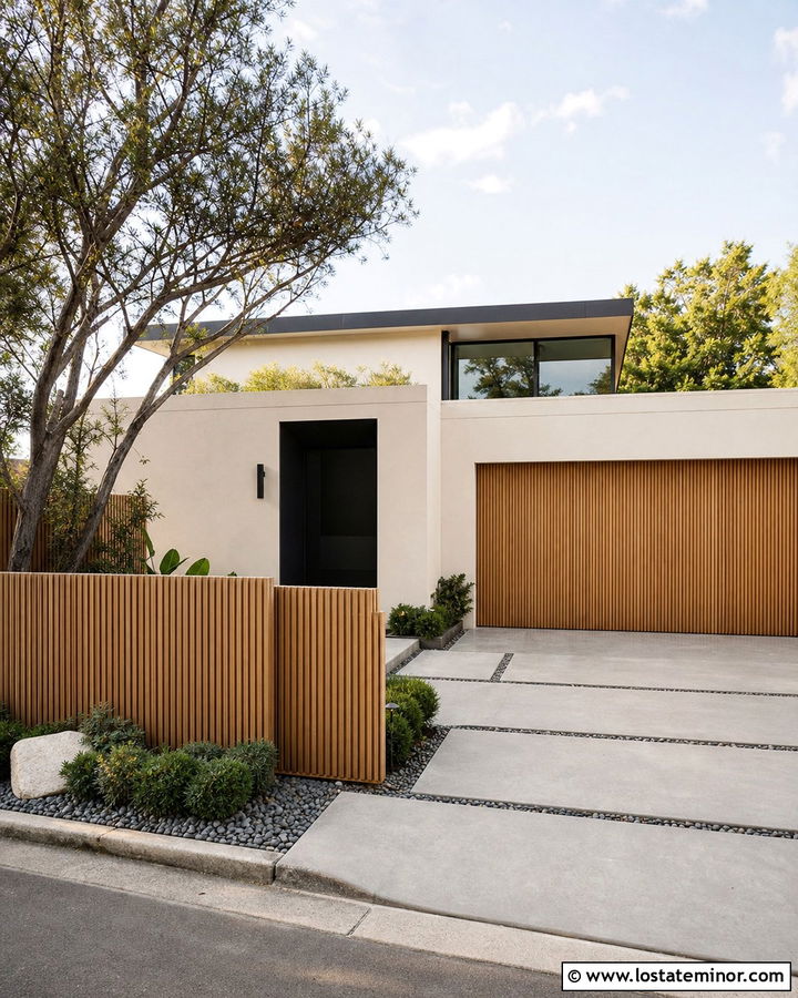 Beige House With Modern Slat Fence - 30 Beige House Design With Fence Ideas