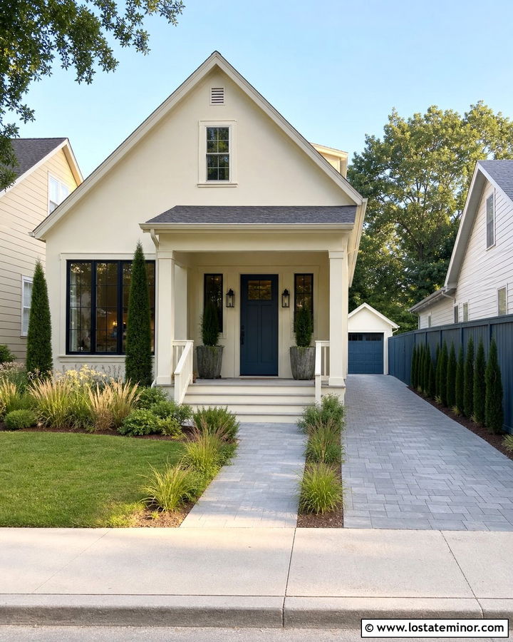 Beige House With Narrow Driveway - 30 Beige House Design With Driveway Ideas