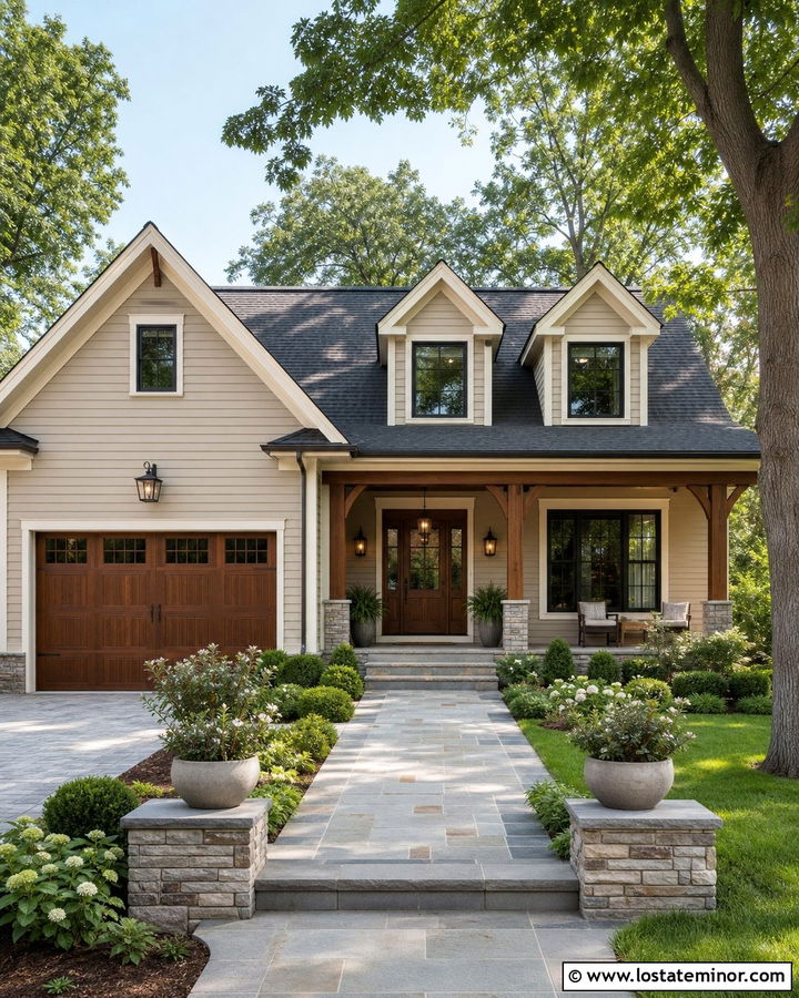 Beige House With Natural Wood Door And Dormers - 30 Beige House Design With Dormers Ideas