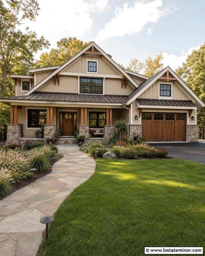 Beige House With Natural Wood Front Door - 30 Beige House Design With Front Door Ideas