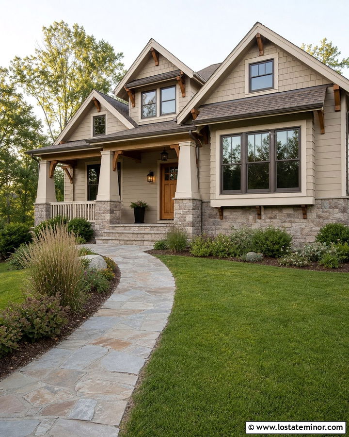 Beige House With Natural Wood Front Door - 30 Beige House Design With Entry Door Ideas