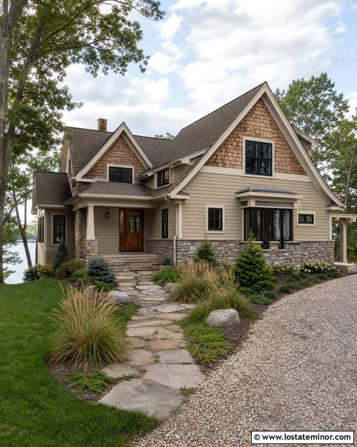 Beige House With Natural Wood Shingles - 30 Beige House Design With Shingles Ideas