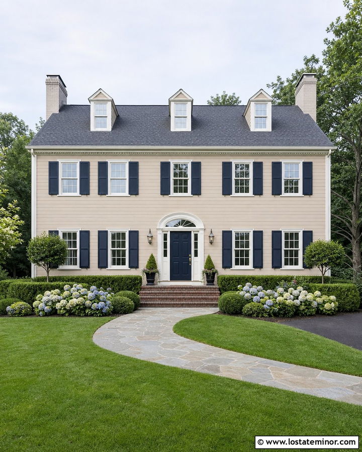 Beige House With Navy Blue Front Door - 30 Beige House Design With Front Door Ideas