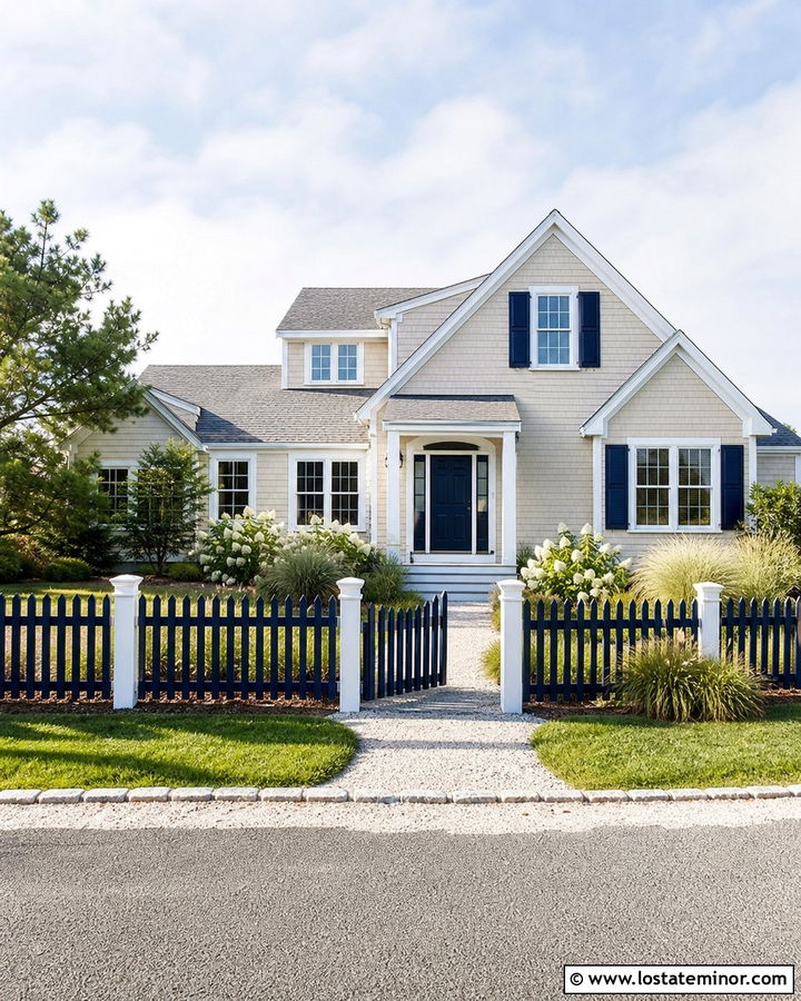 Beige House With Navy Fence - 30 Beige House Design With Fence Ideas